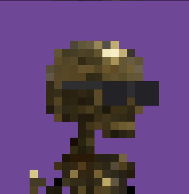 A heavily pixelated, low-resolution brown figure wearing dark glasses against a solid purple background.
