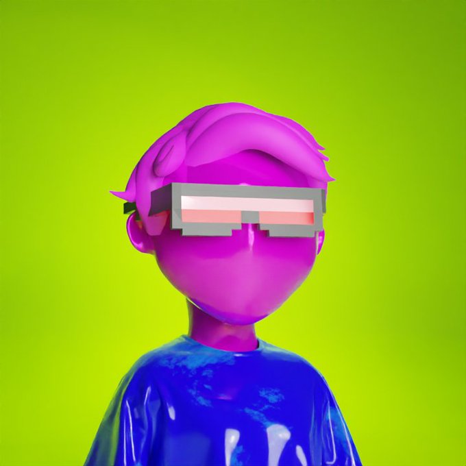 A 3D-rendered magenta-skinned character wearing pixelated sunglasses and a blue shirt poses against a bright green background, fitting the vibrant, crypto/NFT giveaway aesthetic promoted in the post about the Robin Club NFT collection.