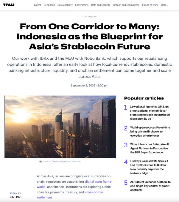 A TNW (The Next Web) article from September 3, 2026 titled 'From One Corridor to Many: Indonesia as the Blueprint for Asia's Stablecoin Future' by John Cho, discussing stablecoins and digital asset frameworks across Asia.