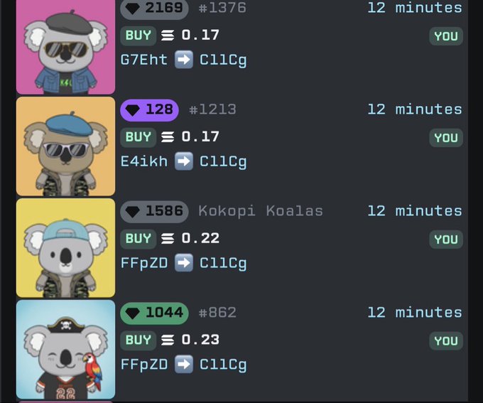 A screenshot of NFT listings showing four koala avatars with various attributes and prices (ranging from 0.17 to 0.23 ETH), all being purchased by "YOU" 12 minutes prior, with the token "C11Cg" displayed.