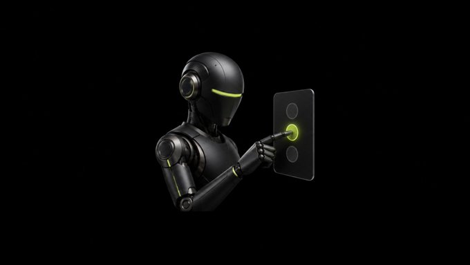 A 3D render of a black humanoid robot with green accents pressing a glowing yellow button on a dark control panel against a black background.