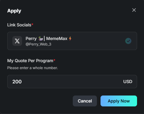 A dark-themed application form titled 'Apply' showing a linked social account for 'Perry @Perry_Web_3' on MemeMax, with a quote of '200 USD' entered in 'My Quote Per Program'.