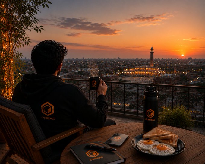 A person wearing a black hoodie with "COREDAO" branding sits at a balcony table with coffee, a water bottle, notebook, and a plate of eggs and toast, overlooking a cityscape at sunset.