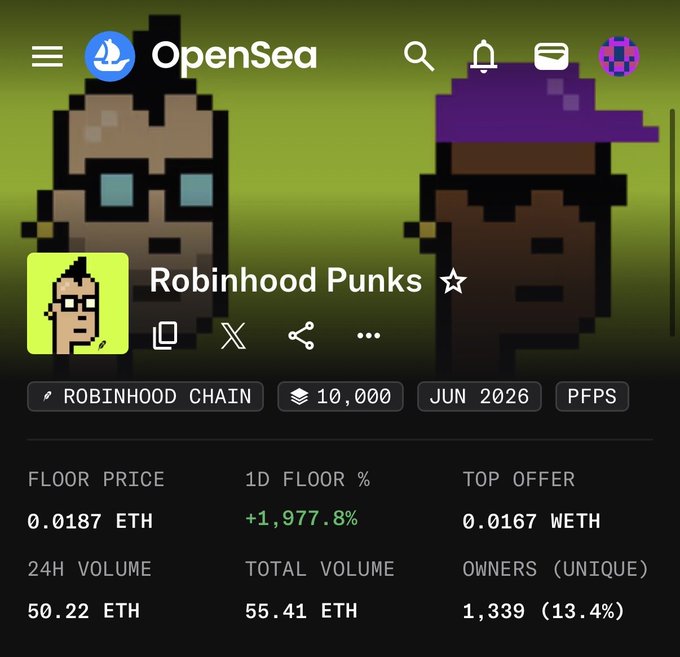 An OpenSea collection page screenshot for 'Robinhood Punks,' showing a floor price of 0.0187 ETH, a 1D floor change of +1,977.8%, 24H volume of 50.22 ETH, and 1,339 unique owners on Robinhood Chain.