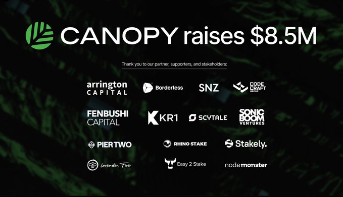 Canopy (CNPY) announces an $8.5M funding round backed by key investors including Arrington Capital, Fenbushi Capital, Borderless Capital, and SNZ Capital, alongside other supporters like KR1, Scytale, PierTwo, and Stakely—visually confirming the funding details highlighted in the airdrop farming announcement.