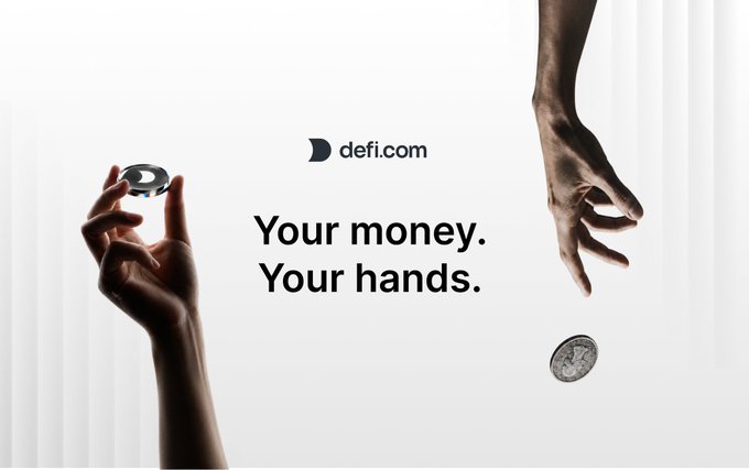 A defi.com advertisement showing two hands reaching toward a coin against a white background, with the tagline 'Your money. Your hands.'