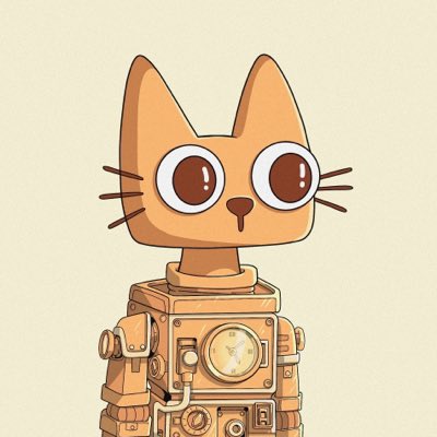 A cartoon-style illustration features an orange cat-headed robotic figure with large round eyes and a boxy mechanical body set against a beige background.