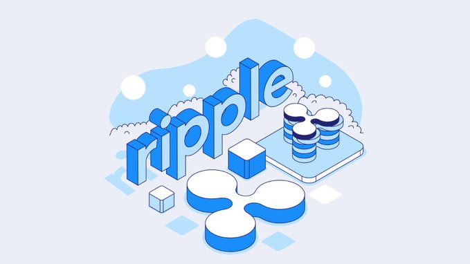 A stylized isometric illustration displays the word "ripple" in bold 3D blue lettering alongside stacked coins and liquid droplets, visually reinforcing the post's announcement of $95B+ in Ripple payment volume across 300+ financial institutions in 55+ countries.