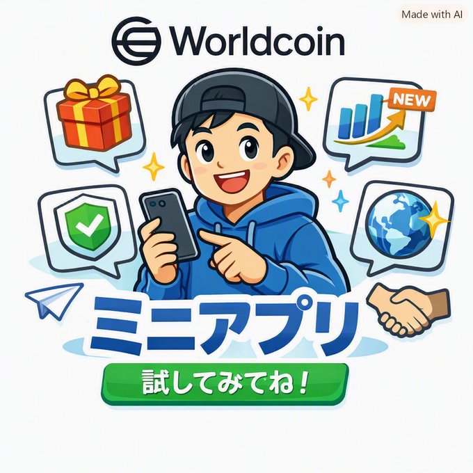 An AI-generated promotional graphic for 'Worldcoin' featuring a cartoon character in a blue hoodie holding a phone, surrounded by app icons including a gift box, growth chart, globe, and handshake, with Japanese text 'ミニアプリ 試してみてね！' meaning 'Try the mini app!'.
