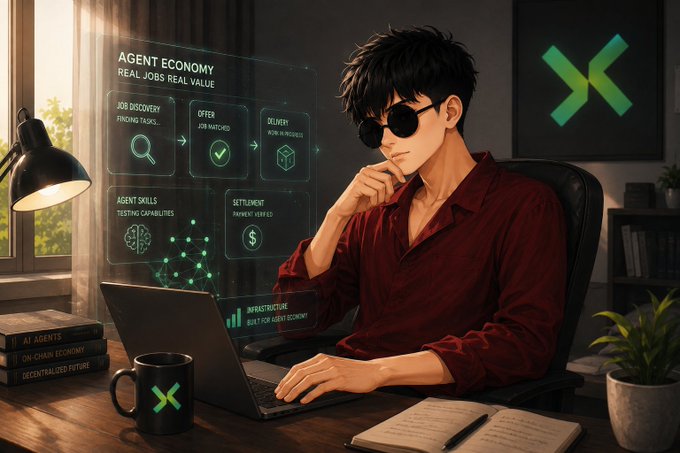 An anime-style digital illustration depicts a young man with dark hair and sunglasses working at a laptop in a dimly lit room, with a floating holographic display labeled 'AGENT ECONOMY' showing job discovery, offer matching, and delivery processes.