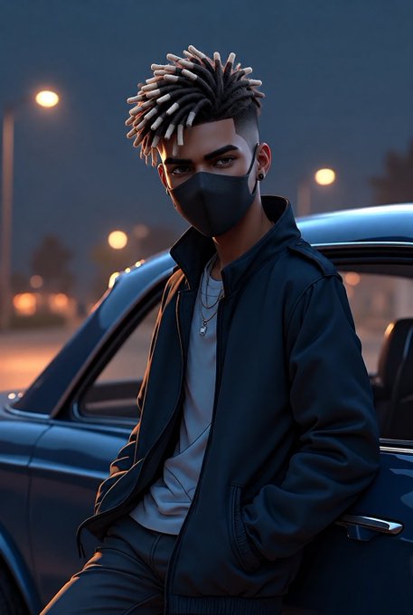 A digital illustration of a young man with dreadlocks wearing a black face mask and dark jacket, leaning against a car at dusk.
