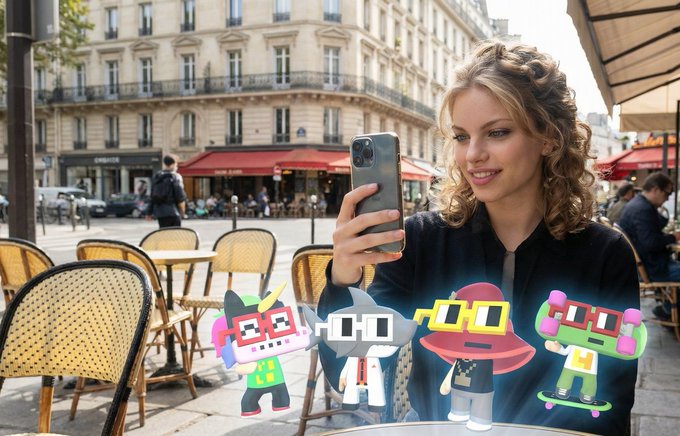 A young woman with curly blonde hair smiles while taking a photo with her smartphone at a Parisian-style café terrace, with pixel-art "Nounish Friends" characters overlaying the foreground. The image ties into a birthday tribute celebrating FosterHilt as the $OMI Community Manager, blending the casual coffee-break scene with the playful NFT-style avatars that represent the VeVe and OMI community.