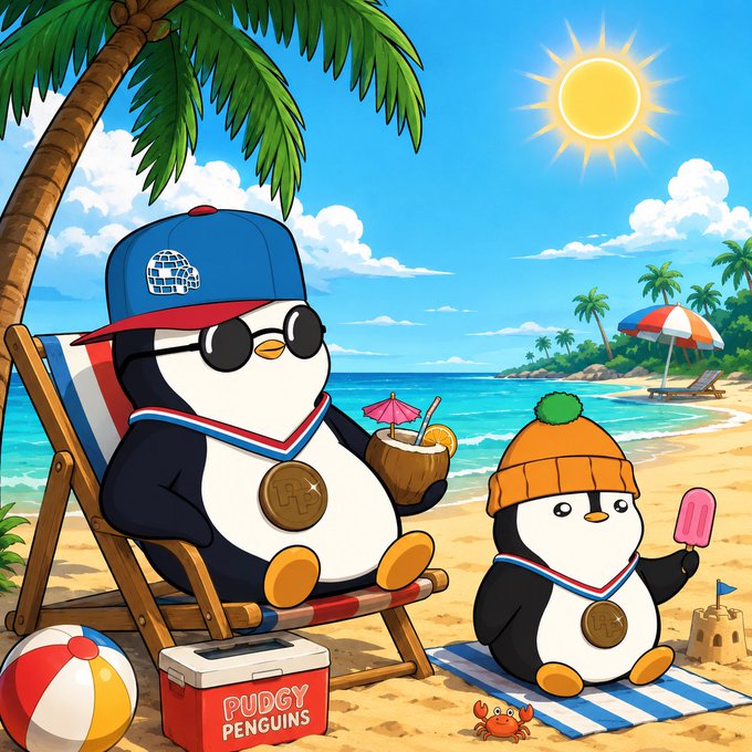 A cartoon penguin wearing a blue cap and sunglasses relaxes on a beach chair with a coconut drink, while a smaller penguin in an orange beanie holds a popsicle on a striped towel nearby; a red cooler labeled "PUDGY PENGUINS" sits in the foreground. The beach scene captures the laid-back "pudgy kinda day" vibe referenced in the post, featuring the Pudgy Penguins brand prominently.