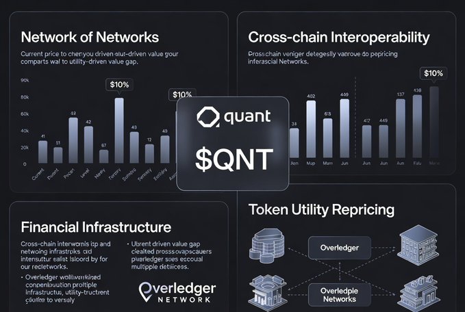 A digital presentation slide about the Quant ($QNT) cryptocurrency, detailing its 'Network of Networks,' 'Cross-chain Interoperability,' 'Financial Infrastructure,' and 'Token Utility Repricing' with various charts and the Overledger Network logo.