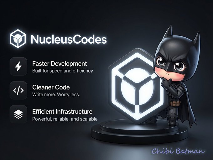 An advertisement for 'NucleusCodes' showing a 'Chibi Batman' character next to a glowing hexagonal logo, with features listed: 'Faster Development', 'Cleaner Code', and 'Efficient Infrastructure'.