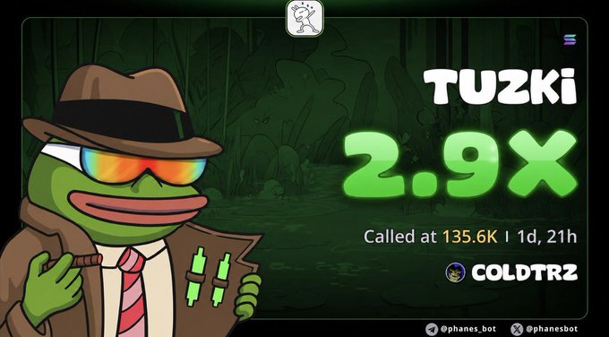 A graphic featuring the Pepe the Frog-style cartoon character TUZKI dressed as a detective with sunglasses and a fedora, promoting a successful 2.9X gain on the $TUZKI token, which was called at 135.6K market cap by user COLDTRZ. The image celebrates the trader's profitable call mentioned in the accompanying post about achieving a 2-3x return.