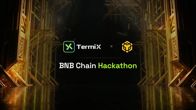 Promotional banner for the 'TermiX x BNB Chain Hackathon' featuring logos for TermiX and BNB Chain against a stylized industrial/tech background with golden metallic structures.