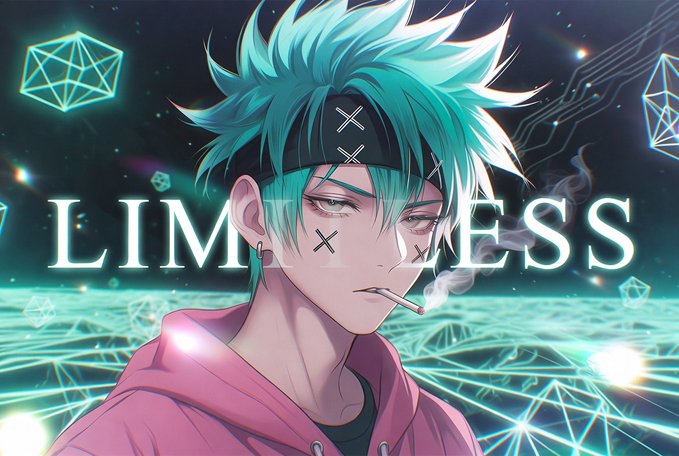 An anime-style illustration of a character with teal spiky hair, a black headband, and a pink hoodie smoking a cigarette, with the text "LIMITLESS" behind them.