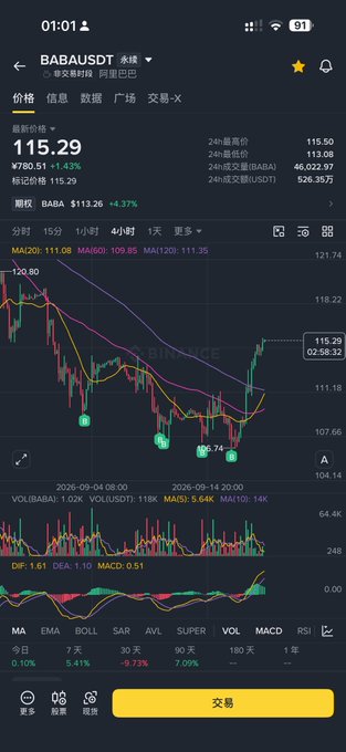 A Binance app screenshot showing the BABAUSDT (Alibaba) perpetual contract trading chart in Chinese, with the latest price at 115.29, down 1.43%, displaying candlestick patterns and MACD/MA indicators.