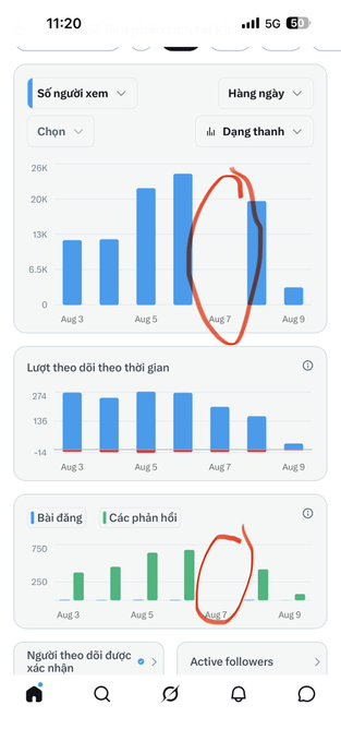 A mobile phone screenshot showing analytics dashboards in Vietnamese with bar charts tracking metrics like 'Số người xem' (views), 'Lượt theo dõi thời gian' (followers over time), and 'Bài đăng' (posts), with Aug 7 data circled in red marker.