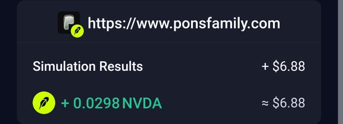 A digital interface showing a URL 'https://www.ponsfamily.com' with 'Simulation Results' displaying a transaction of '+0.0298 NVDA' worth '+ $6.6.88' alongside a yellow leaf icon.