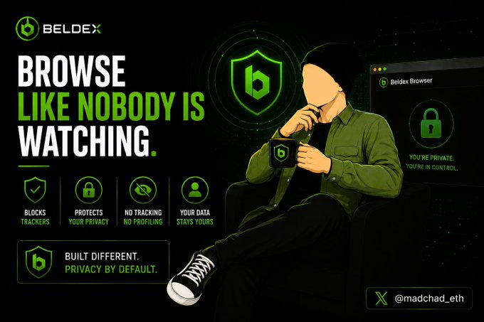 The image is a promotional graphic for Beldex Browser featuring a hooded figure holding a coffee mug with the tagline "BROWSE LIKE NOBODY IS WATCHING" and highlighting features like blocking trackers, privacy protection, no tracking/profiling, and data control under "BUILT DIFFERENT. PRIVACY BY DEFAULT," directly supporting the post's message about escaping the digital footprint trap through privacy-focused browsing.