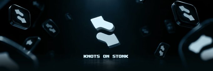 A sleek 3D-rendered banner features the "KNOTS ON STONK" logo centered against a dark background, surrounded by floating, glossy tile-like icons bearing an abstract "K" emblem. The bold branding and futuristic design align with the post's bullish sentiment about the $KNOTS token, visually reinforcing the call to "stay with KNOTS."