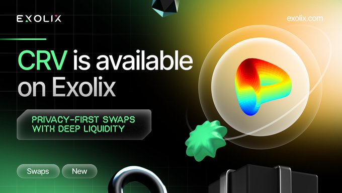 A promotional graphic with the Exolix logo announces 'CRV is available on Exolix,' highlighting 'PRIVACY-FIRST SWAPS WITH DEEP LIQUIDITY' next to a colorful stylized icon.