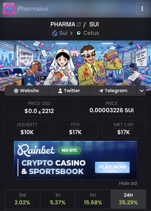 A screenshot of a crypto token page for 'PHARMA / SUI' on the Sui > Cetus network, showing a price of $0.42212, a market cap of $17K, and an advertisement for Rainbet crypto casino.