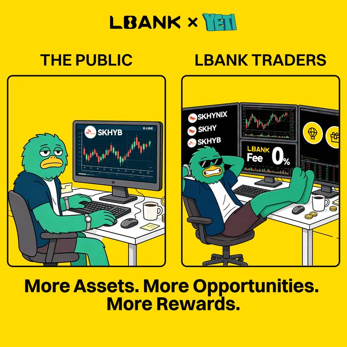 This image contrasts "The Public" with "LBank Traders," showing LBank traders enjoying multiple SKHYNIX-linked assets with 0% LBank Fee and more rewards, aligning with the post's message.
