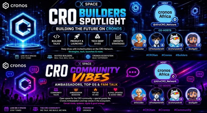 The image features a poster for Croonos advertising, which includes two different designs of a logo with a hexagon and a circle. The text on the poster reads "CRO X builders spotlight" and "CRO Community vibes". There are also several people in the background who appear to be attending an event or gathering related to cryptocurrency.