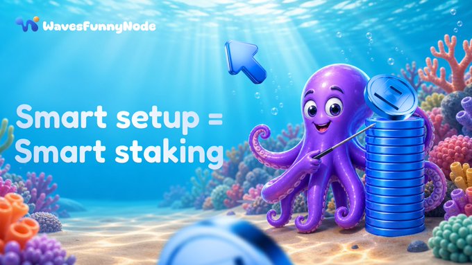 The image features an underwater scene with a purple octopus holding a blue coin, surrounded by colorful corals and fish. The background of the image displays text that reads "Smart setup = Smart staking" along with three mistakes beginners often make when choosing tokens without checking their liquidity or considering the payout settings.
