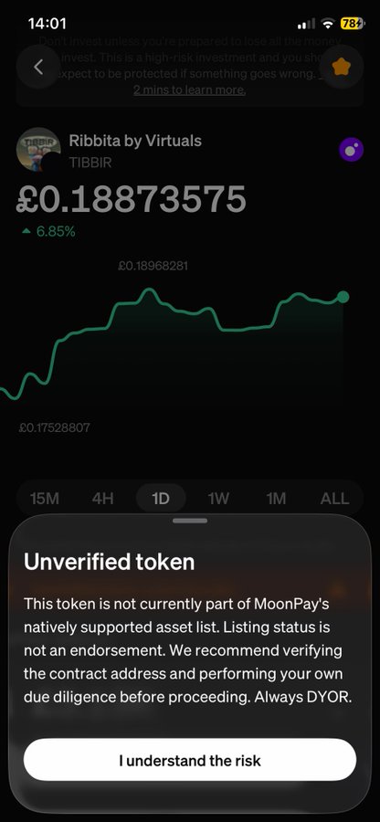 A mobile cryptocurrency app screenshot showing 'Ribbita by Virtuals' (TIBBIR) priced at £0.18873575 with a 6.85% increase, including an 'Unverified token' warning about MoonPay not supporting it natively, and an 'I understand the risk' button.