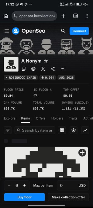 A mobile screenshot of the OpenSea NFT marketplace showing a collection page titled 'A Nonym' on the Robinhood Chain with various NFT pixel-art avatars.