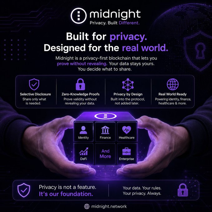 A promotional graphic for 'midnight' blockchain, featuring the tagline 'Privacy. Built Different.' and 'Built for privacy. Designed for the real world,' with icons representing Identity, Finance, Healthcare, DeFi, and Enterprise.