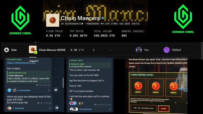 The image displays a screenshot of the "Chain Mancerse" NFT collection on OpenSea, with a floor price of 0.95 ETH, top offer of 0.891 WETH, and 803 unique owners, alongside Discord chat messages from the "Zombies Cabal" channel discussing alpha calls and minted Chain Mancers at 0.40 ETH each. The post highlights the user's profitable NFT earnings during July and August, with this Chain Mancers mint serving as a key example of the successful "zombies cabal" alpha calls mentioned.