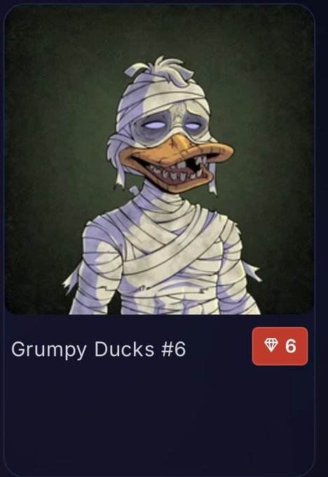 A mummy-wrapped duck with glowing eyes and a menacing grin, labeled "Grumpy Ducks #6" with a rarity value of 6 diamonds, is shown as one of the bounties for the @Grumpy_DuckOG mint.