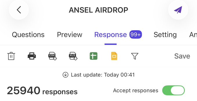 A screenshot of an 'ANSEL AIRDROP' interface showing 25,940 responses with options like Questions, Preview, Response (99+), and Settings visible.