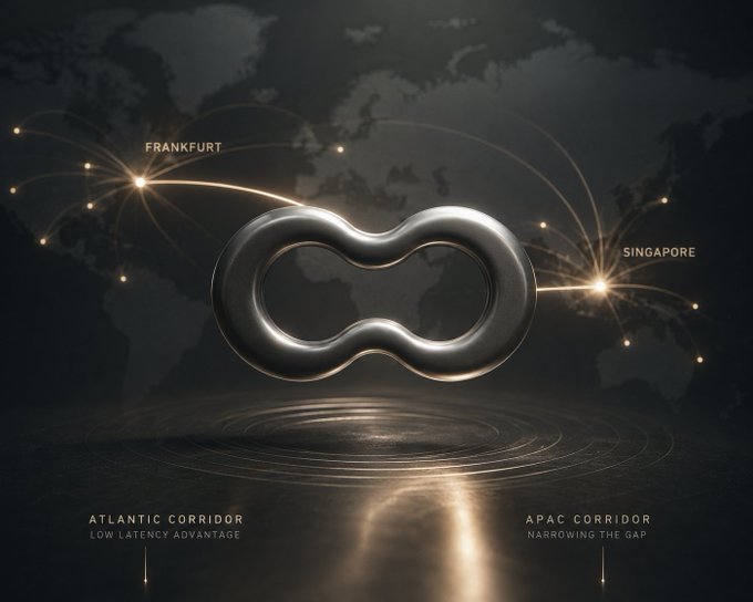 A metallic infinity symbol hovers above a world map, with glowing connection lines linking "FRANKFURT" and "SINGAPORE" nodes, visually reinforcing the post's point about how geographic distance creates a structural latency disadvantage between the Atlantic and APAC corridors for Ethereum validators. The infinity shape symbolizes the endless cycle of latency penalties that geographically distant validators face due to the finite speed of light.
