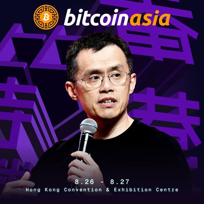 A promotional graphic for Bitcoin Asia 2026 (8.26 - 8.27 at the Hong Kong Convention & Exhibition Centre) features a man in a black shirt and glasses speaking into a microphone, with the Bitcoin Asia logo and Chinese characters in the background, likely promoting CZ as a featured speaker at the event.