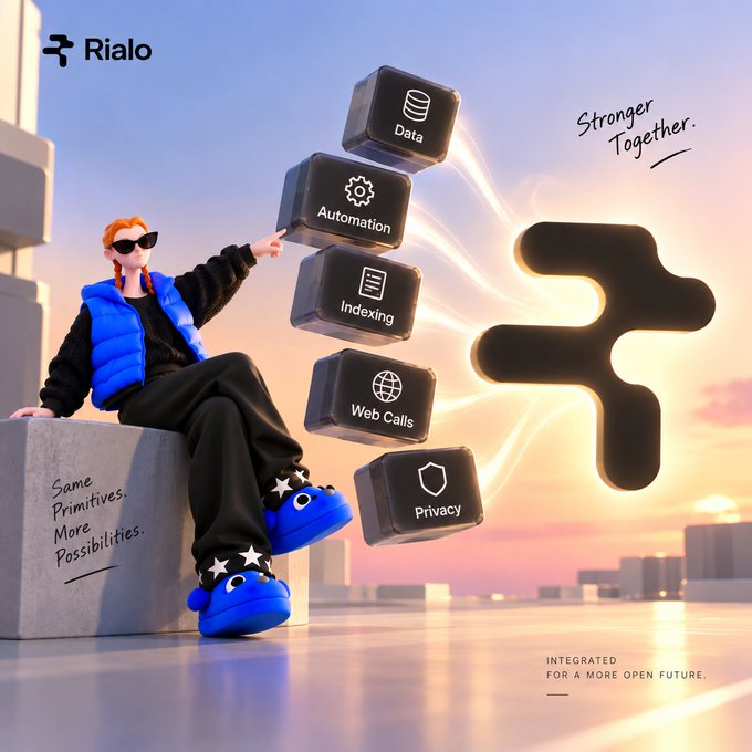 A digital advertisement for 'Rialo' features a person sitting on a block with stacked icons labeled Data, Automation, Indexing, Web Calls, and Privacy, alongside the tagline 'Stronger Together' and 'Same Primitives. More Possibilities.'