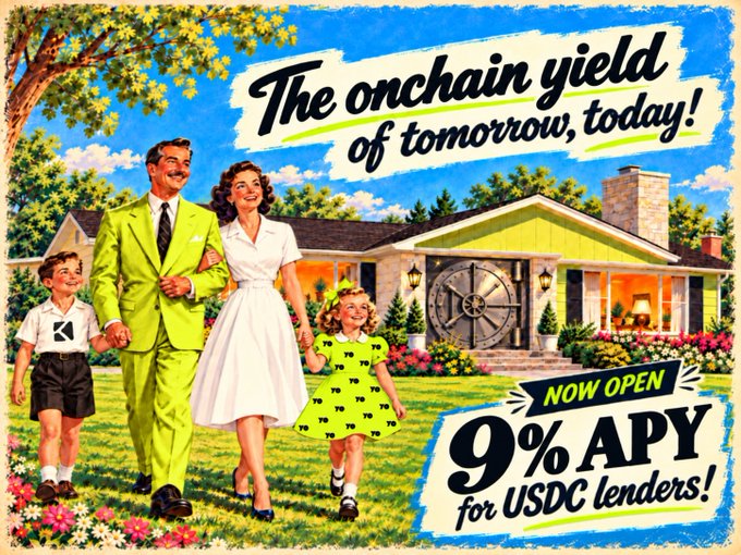 A retro-style illustrated advertisement promoting a "NOW OPEN 9% APY for USDC lenders" service with the slogan "The onchain yield of tomorrow, today!"