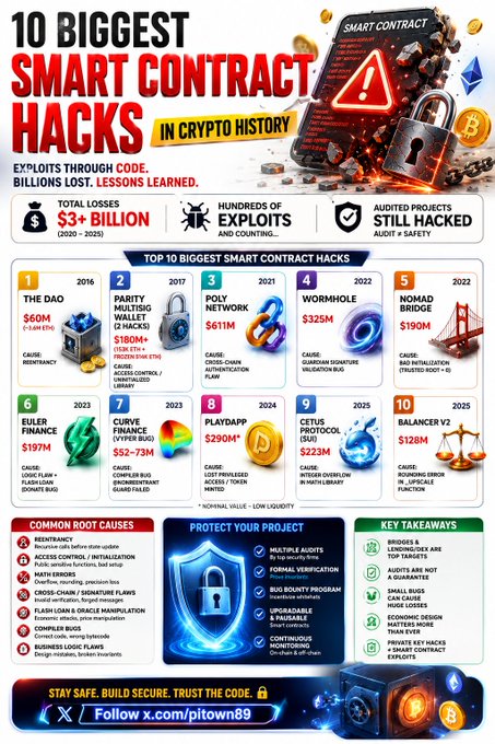 An infographic titled "10 BIGGEST SMART CONTRACT HACKS IN CRYPTO HISTORY" listing major exploits totaling $3+ billion from 2020-2025, including The DAO ($60M), Parity Wallet ($152M+), Poly Network ($611M), Wormhole ($325M), Nomad Bridge ($190M), Euler Finance ($197M), Curve Finance ($52-73M), PlayDapp ($290M), Cetus Protocol ($223M), and Balancer v2 ($128M), highlighting common causes like reentrancy and access control flaws.