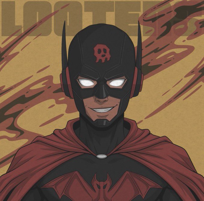 A superhero-style character wearing a black cowl with glowing white eyes, a red skull emblem, and a red cape smiles against a background of swirling red flames, with the text "LOOTERS" displayed at the top—fittingly representing the @Looters_NFT collection featured in the giveaway announcement.
