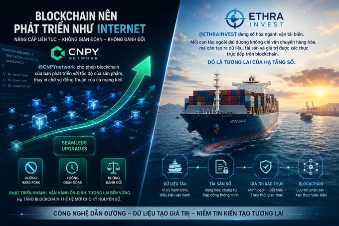 A split promotional graphic for 'CNPY Network' and 'ETHRA Invest' featuring Vietnamese text promoting blockchain upgrades and a cargo ship on the ocean at sunset.