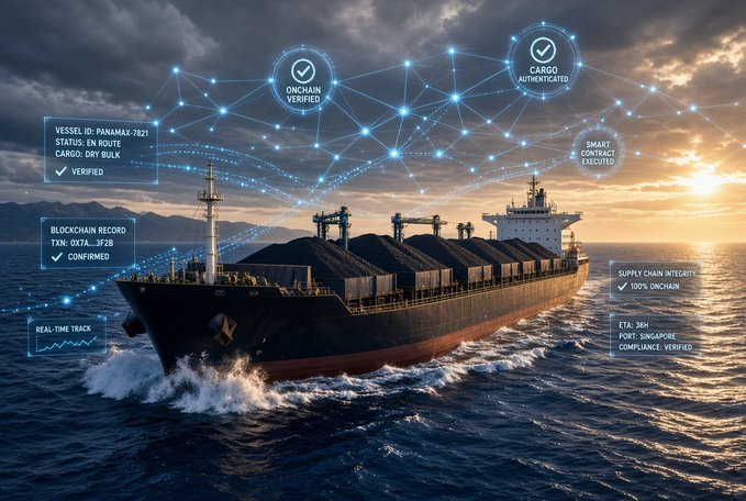 A digital rendering of a cargo ship sailing on the ocean at sunset, overlaid with blockchain verification graphics showing 'ONCHAIN VERIFIED,' 'CARGO AUTHENTICATED,' vessel status details, and supply chain integrity confirmations.