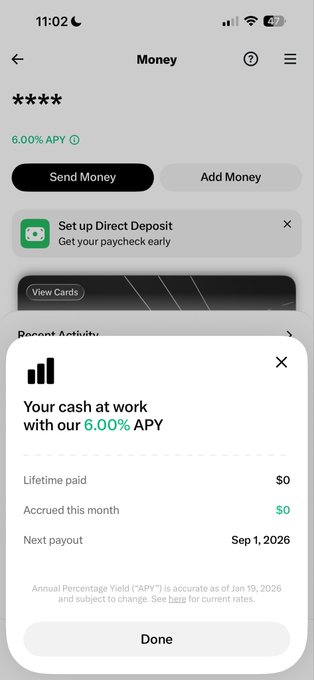 A mobile banking app screen titled 'Money' showing '6.00% APY' with 'Send Money' and 'Add Money' buttons, and a pop-up titled 'Your cash at work with our 6.00% APY' detailing 'Lifetime paid $0', 'Accrued this month $0', and 'Next payout Sep 1, 2026'.