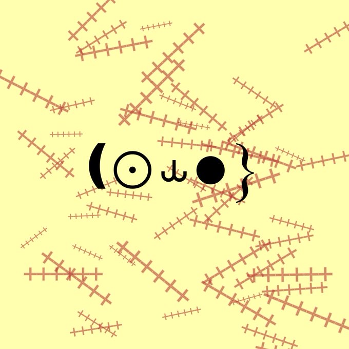 A yellow background patterned with stitched lines frames a minimalist face composed of basic symbols and shapes.