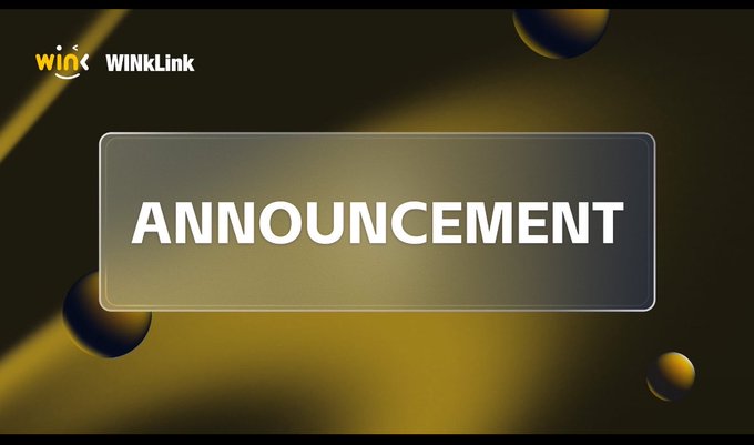 The image features a sleek black and gold banner with the WINKLink logo in the top left corner and the word "ANNOUNCEMENT" displayed prominently in a centered text box, serving as a visual header for the post about WINKLink's reliable oracle infrastructure supporting the development of TRON's DeFi ecosystem.