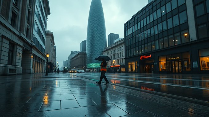 A moody, rain-soaked urban street scene in London featuring the iconic "Gherkin" (30 St Mary Axe) skyscraper, with a person carrying an umbrella walking across wet pavement under overcast skies.